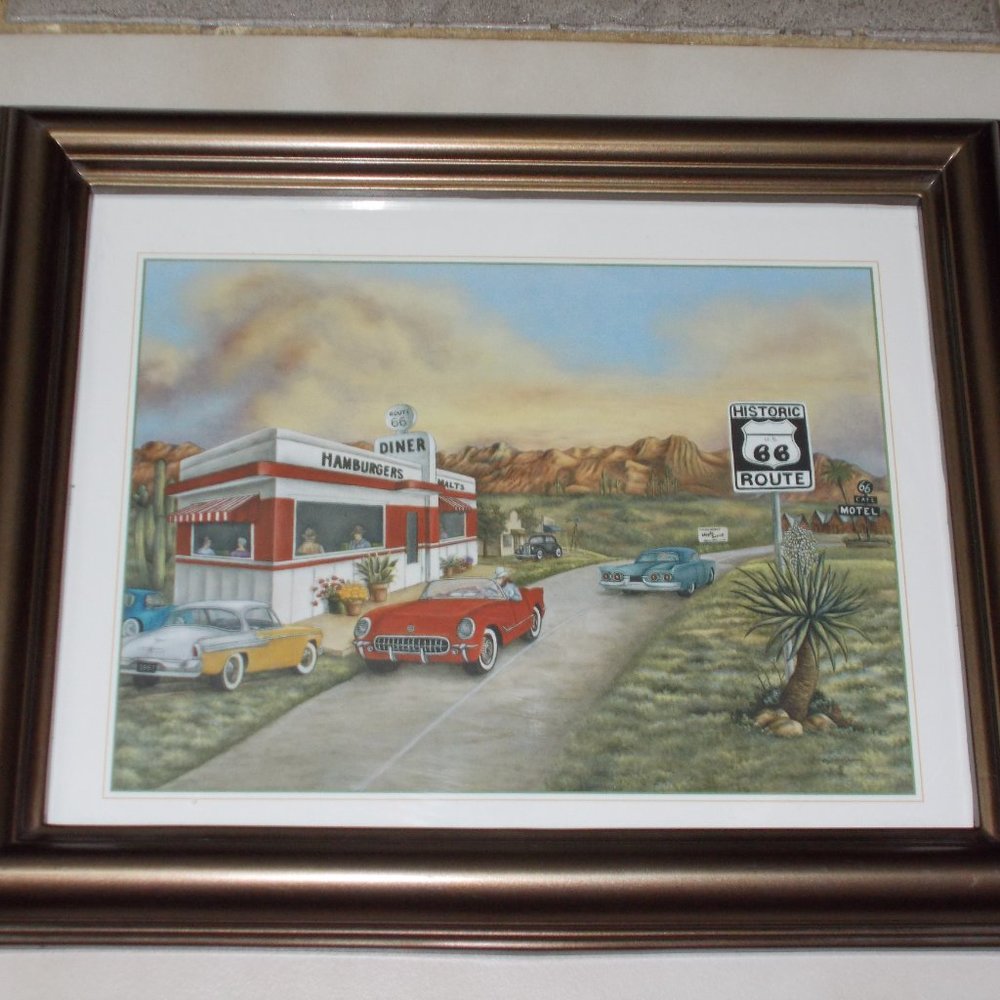 Vintage Route 66 print signed, framed under glass. - Picture 2 of 4